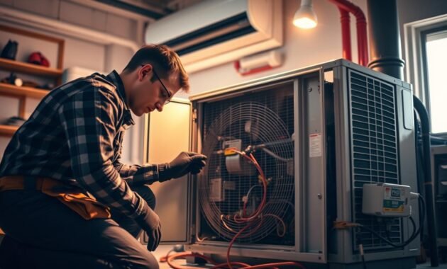HVAC professional repairing heating and cooling system HVAC professional repairing heating and cooling system